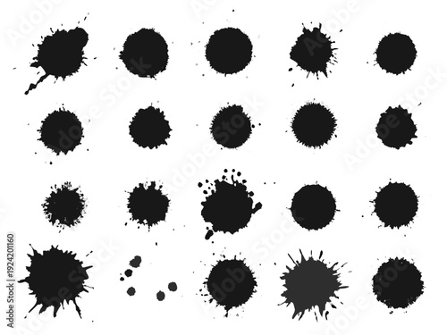 Collection of abstract black ink splatters and circular blots on white