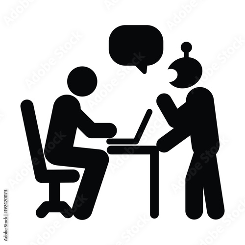 AI Consultation and Digital Advisory Robot Icon, Artificial intelligence robot advising human at laptop representing AI consultation