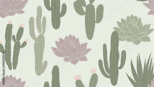 Seamless pattern of various green cacti and purple succulent plants on a light mint green background illustration.