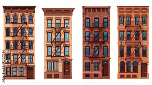 Collection of four New York City style brownstone apartment buildings with fire escapes and front stoops.