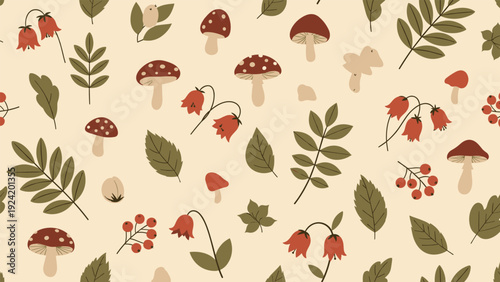 Autumn forest seamless pattern with red mushrooms, green leaves, berries, and small orange flowers on a cream base.