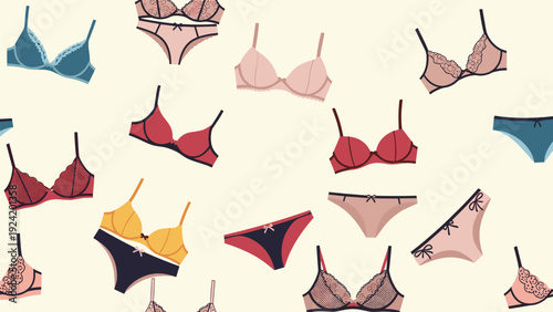 Seamless pattern of feminine lingerie sets featuring different styles of bras and panties in various warm colors.