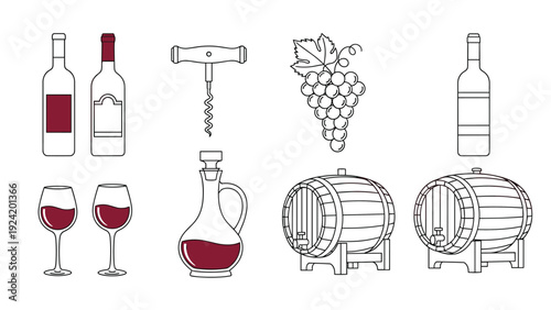 Collection of wine icons featuring bottles, glasses, barrels, a corkscrew, and a bunch of grapes in line art.