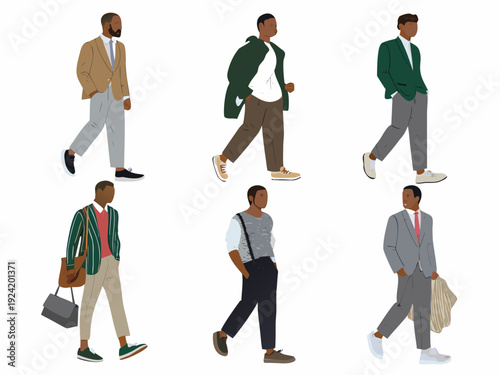 Stylized illustrations of six young men in various casual and formal outfits