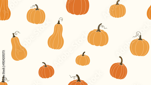 Seamless pattern of different shapes and sizes of orange pumpkins and squashes on a light cream background.