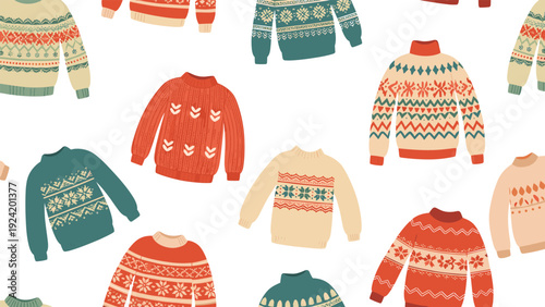 Seamless pattern of cozy winter sweaters with various nordic and geometric patterns in warm seasonal colors.