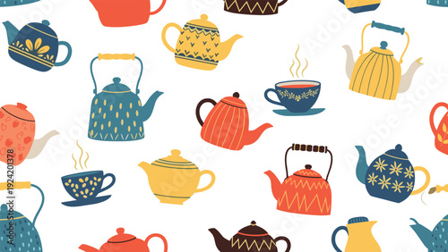 Colorful seamless pattern of vintage teapots and teacups with steam and floral decorations on a white background.