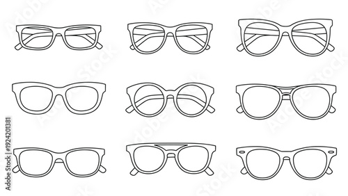 Collection of nine different styles of eyeglass frames shown in black and white line art illustration icons.