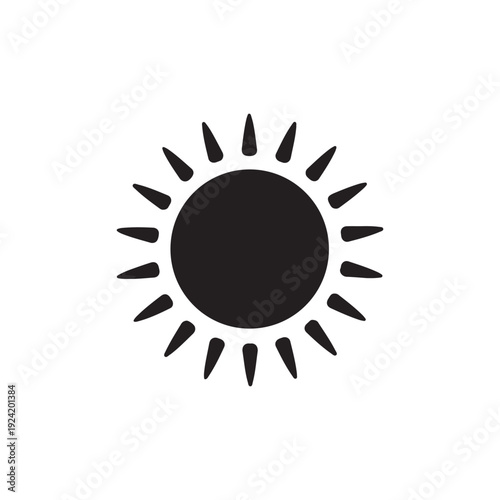 Simple black sun icon with rays isolated on white background for graphic design