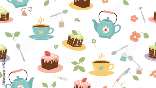 Seamless pattern of tea time elements including teapots, cups of coffee, and various cakes on a white background.