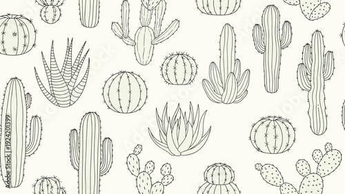 Seamless pattern of black and white line art cacti and succulents featuring various desert plant species.