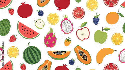 Colorful seamless pattern of diverse tropical and summer fruits including watermelon, papaya, and dragon fruit.