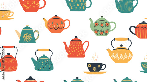 Seamless pattern of beautifully decorated teapots and teacups with floral and leaf motifs in various colors.