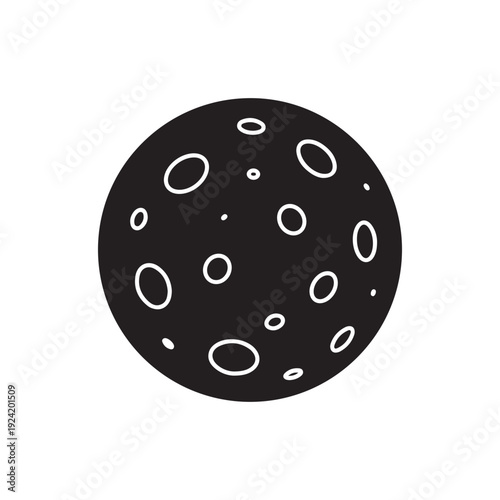 Simple illustration of a black moon with craters on a white background  lunar surface  space object