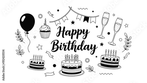 Happy Birthday celebratory greeting card design with line art icons of cakes, cupcakes, champagne glasses, balloons, and decorative party bunting.