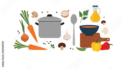 Flat lay illustration of a soup pot, assorted vegetables, spices, and olive oil for a healthy cooking concept.