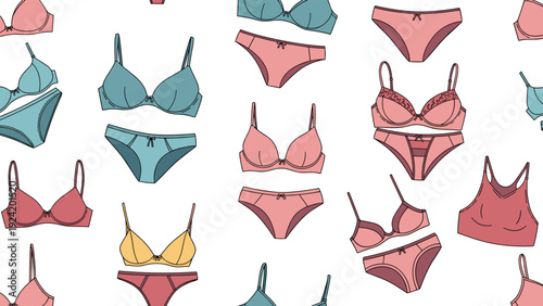 Seamless pattern of matching sets of bras and panties in various shades of pink, blue, and yellow on white.