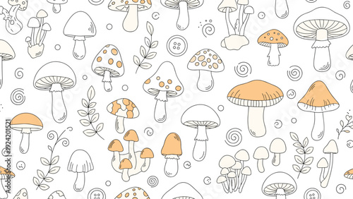 Seamless pattern of various types of mushrooms with different shapes and colors alongside small forest leaves.