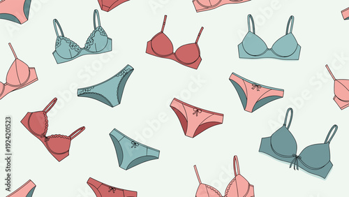 Feminine lingerie seamless pattern featuring various styles of bras and panties in soft pink and blue tones.