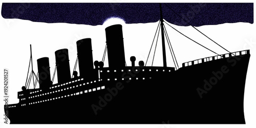 Titanic Ocean Liner Silhouette Vector - Vintage Passenger Steamship at Night Icon