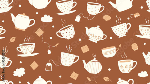 Seamless pattern with illustrated teapots, decorated teacups, floating tea bags, biscuits, and steam clouds on a rich warm brown background.