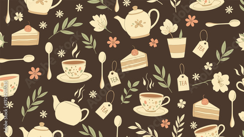 Tea time seamless pattern featuring vintage teapots, cups of tea, delicious cake slices, floral elements, and tea bags on a dark brown background.