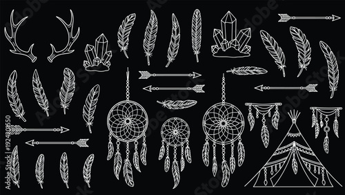 Collection of boho style tribal elements including deer antlers, crystals, feathers, arrows, dreamcatchers, and a teepee on a solid black background.