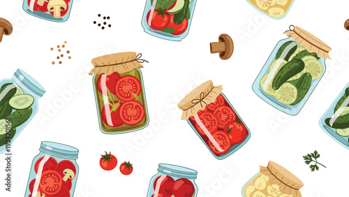 Seamless pattern of preserved food jars containing pickled cucumbers, tomatoes, and mushrooms with herbs and spices on a plain white background.