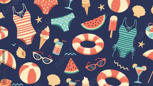 Vibrant summer beach vacation pattern with swimsuits, ice cream cones, sunglasses, watermelons, cocktails, and lifebuoys on a dark blue background.
