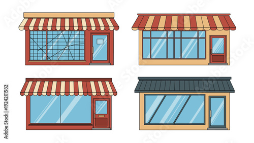 Set of colorful store front illustrations with awnings and large display windows representing various shops, boutiques, or local businesses.