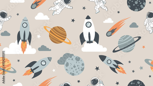 Whimsical space themed pattern featuring astronauts, space rockets, planets with rings, moons, stars, and comets on a neutral beige background.