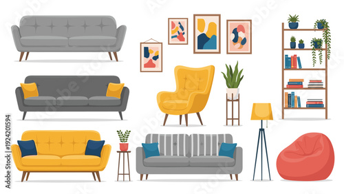 Collection of modern living room furniture items including sofas, an armchair, bookshelves, plants, lamps, bean bags, and wall art.