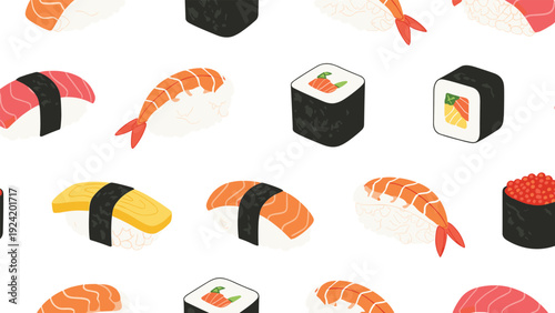 Appetizing seamless pattern of different types of sushi, nigiri, and maki rolls with wasabi on a clean white background.
