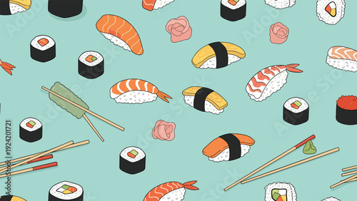 Vibrant seamless pattern of assorted sushi, nigiri, and maki rolls with ginger, wasabi, and chopsticks on a teal background.