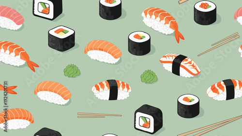 Seamless pattern background of delicious assorted sushi rolls and nigiri with salmon tuna shrimp and wasabi on green background.