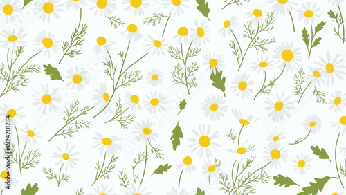 Seamless floral pattern with hand drawn white daisies and green leaves on a light background for spring and summer design projects.