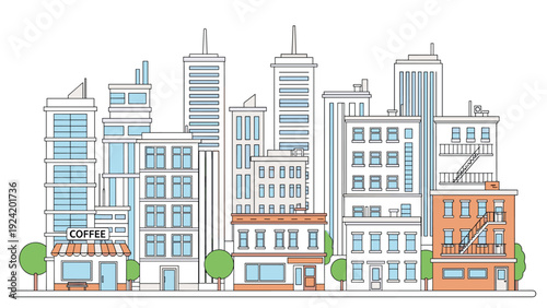 Urban city landscape illustration with various buildings skyscrapers shops and trees in clean outline style with blue and orange tones.