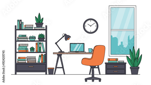 Modern home office workspace interior with desk laptop bookshelves clock window and comfortable chair in flat vector illustration.