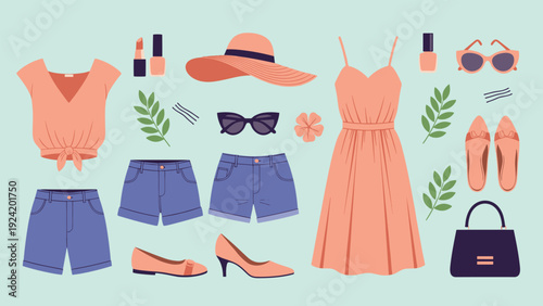 Stylish collection of women's summer clothing and accessories including dress shorts hat sunglasses and makeup in warm coral tones.