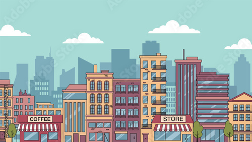 Vibrant city street scene with colorful buildings shops and cafes under a bright blue sky with fluffy white clouds in flat style.