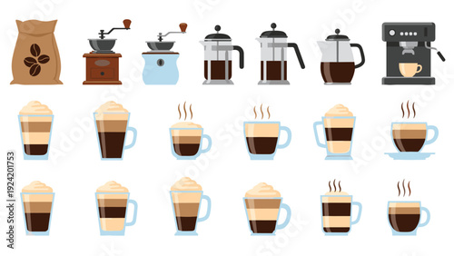 Large set of coffee brewing equipment and various coffee drinks including espresso latte and cappuccino in flat vector illustration.