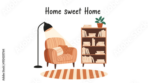 Cozy living room interior with a comfortable armchair bookshelf lamp and rug featuring the inspirational phrase home sweet home.