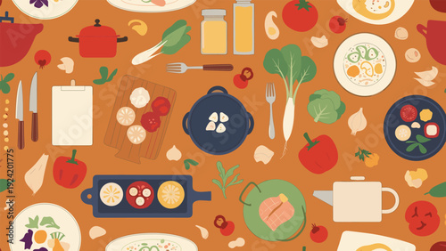 Seamless pattern featuring kitchen utensils vegetables cooking pots and plates of food on a warm orange background for culinary themes.