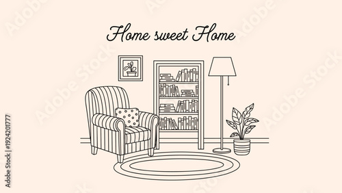 Minimalist line art illustration of a cozy living room with a striped armchair bookshelf floor lamp and rug on a beige background.