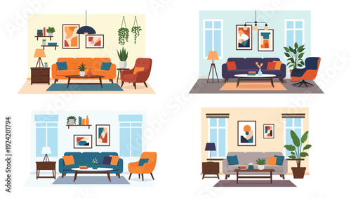 Set of four modern living room interior designs with sofas armchairs coffee tables plants and stylish wall art decorations.