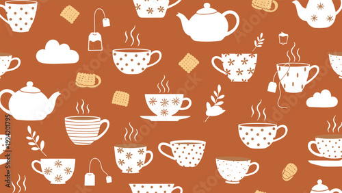Seamless pattern featuring white cups of coffee or tea teapots cookies and tea bags on a rich terracotta brown background.