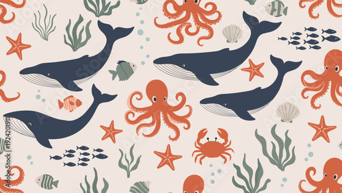 Seamless nautical pattern with whales octopuses crabs fish and starfish in a vintage color palette on a light background.
