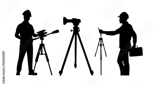 Professional Engineering Surveying Construction Crew Silhouettes Vector Illustration
