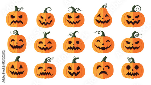 Set of fifteen different carved halloween pumpkins with various spooky and funny expressions on a white background.