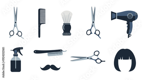 Professional barber shop icons including scissors, combs, shaving brush, hair dryer, spray bottle, and a classic straight razor.